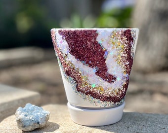 Maroon & Silver Glitter Geode Succulent Planter 4”