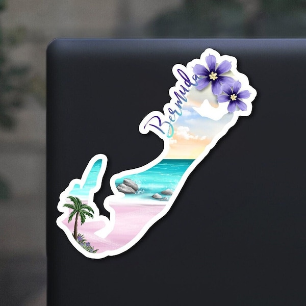 Bermuda sticker, hand drawn design, palm trees beach, Laminated, water resistant, one sticker