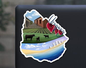 Uruguay sticker, hand drawn design, flowers, cows, Laminated, water resistant, one sticker