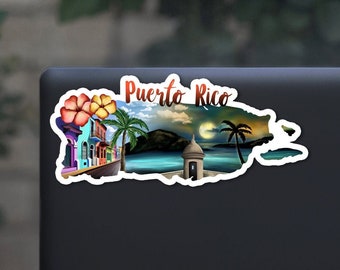 Puerto Rico sticker, hand drawn design, Bioluminescence bay, palm trees beach flowers, Matte laminated, water/UV resistant, one sticker