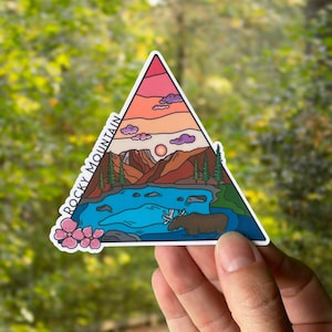 Rocky Mountain National Park sticker, hand drawn design, Colorado, Laminated, water resistant, one sticker