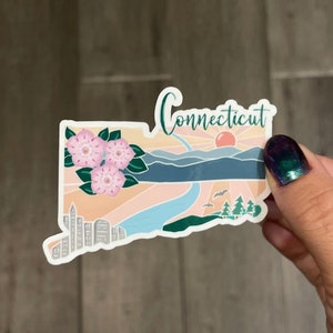 Connecticut state sticker, hand drawn design, mountains flowers, Matte laminated, water/UV resistant, one sticker