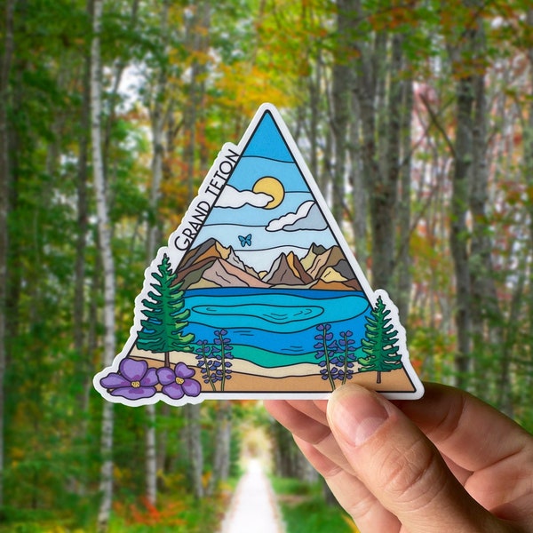 Grand Teton National Park sticker, hand drawn design, Wyoming mountains, Laminated, water resistant, one sticker