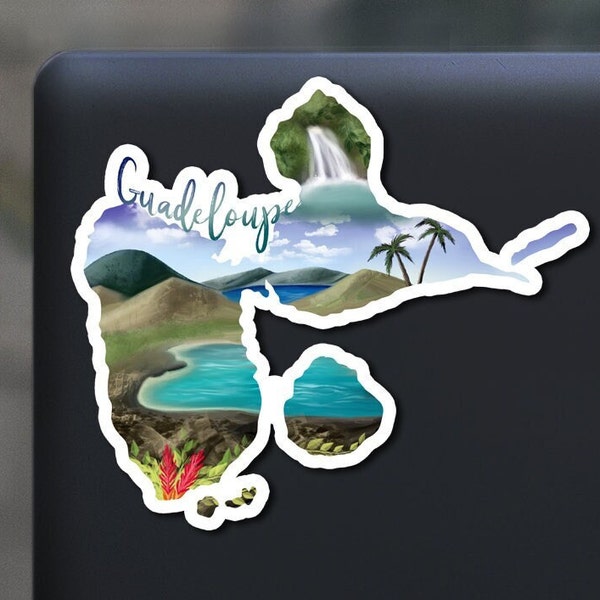 Guadeloupe sticker, hand drawn design, palm trees beach waterfall, Matte laminated, water/UV resistant, one sticker