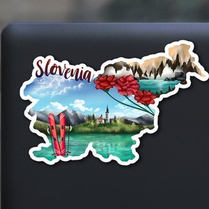 Slovenia sticker, hand drawn design, europe art, lake bled, Matte Laminated, water/uv resistant, one sticker