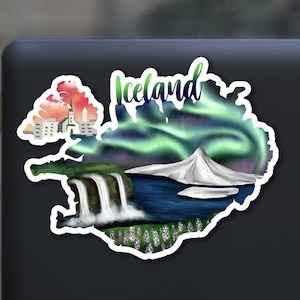 Iceland sticker, hand drawn design, northern lights, waterfalls, Laminated, water resistant, one sticker