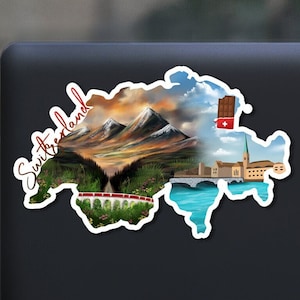 Switzerland sticker, hand drawn design, snow mountains chocolate, Matte Laminated, water/uv resistant, one sticker