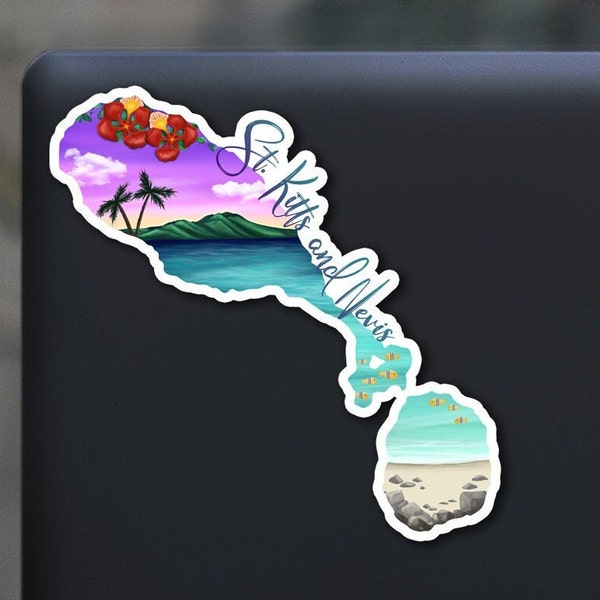 St. Kitts and Nevis sticker, hand drawn design, beach flowers, Matte laminated, water/UV resistant, one sticker