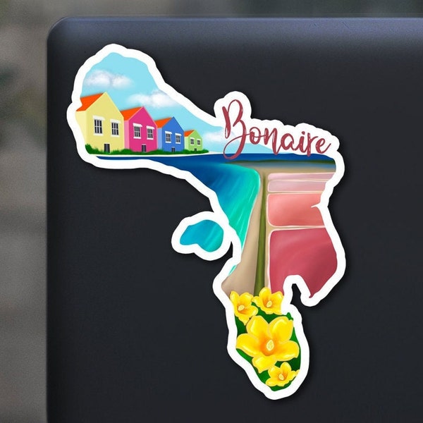 Bonaire sticker, hand drawn design, beach flowers, Matte laminated, water/UV resistant, one sticker