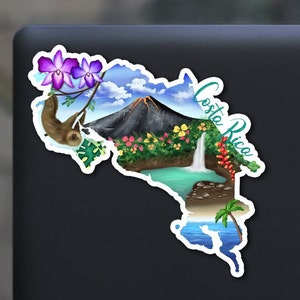 Costa Rica sticker, hand drawn design, sloth, arenal volcano, beach, Laminated, water resistant, one sticker