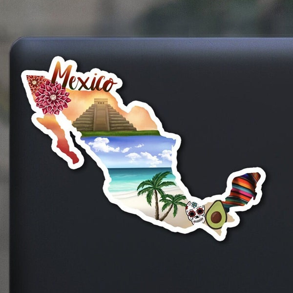 Mexico sticker, hand drawn design, beach, sugar skull, temples, Matte Laminated, water resistant, one sticker
