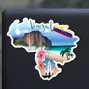 May include: A sticker featuring a colorful illustration of Venezuela. The sticker shows a map of Venezuela with images of Angel Falls, a beach, orchids, and a church. The text "Venezuela" is written in cursive across the top of the sticker. The Venezuelan flag is also included in the design.