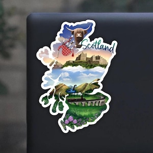 Scotland sticker, hand drawn design, loch ness, mountains, Matte Laminated, water/uv resistant, one sticker