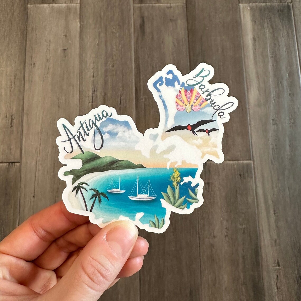 Antigua and Barbuda Sticker, Hand Drawn Design, Palm Trees Beach Sail ...