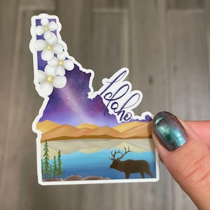 Idaho State sticker, hand drawn design, Elk, flowers, Matte laminated, water/UV resistant, one sticker