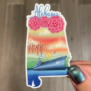Alabama state sticker, hand drawn design, uss ship, flowers, Matte laminated, water/UV resistant, one sticker