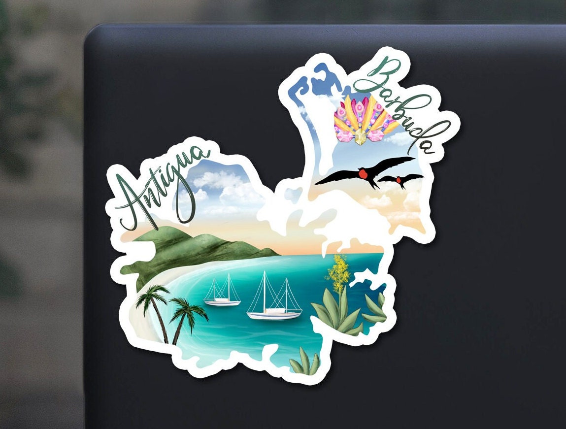 Antigua and Barbuda Sticker, Hand Drawn Design, Palm Trees Beach Sail ...