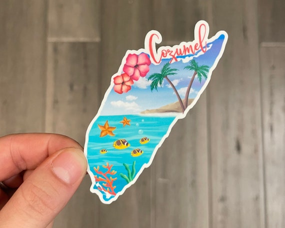 2 Cozumel Mexico Stickers, Hand Drawn Design, Palm Trees Beach Coral Reef,  Laminated, Water Resistant 