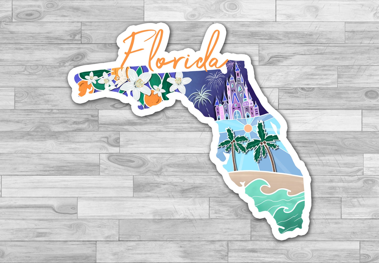 State Sticker Designs Florida State Sticker, Hand Drawn Design, Oranges Flowers, Castle ...