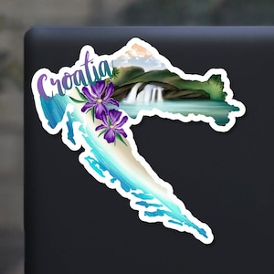 Croatia sticker, hand drawn design, beach, waterfalls, Laminated, water resistant, one sticker