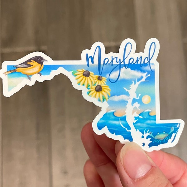 Maryland State sticker, beach flowers, hand drawn design, Matte laminated, water/UV resistant, one sticker