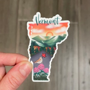 Vermont sticker, hand drawn design, snow mountains, Matte laminated, water/UV resistant, one sticker