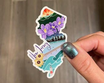 New Jersey State sticker, hand drawn design, Matte laminated, water/UV resistant, one sticker