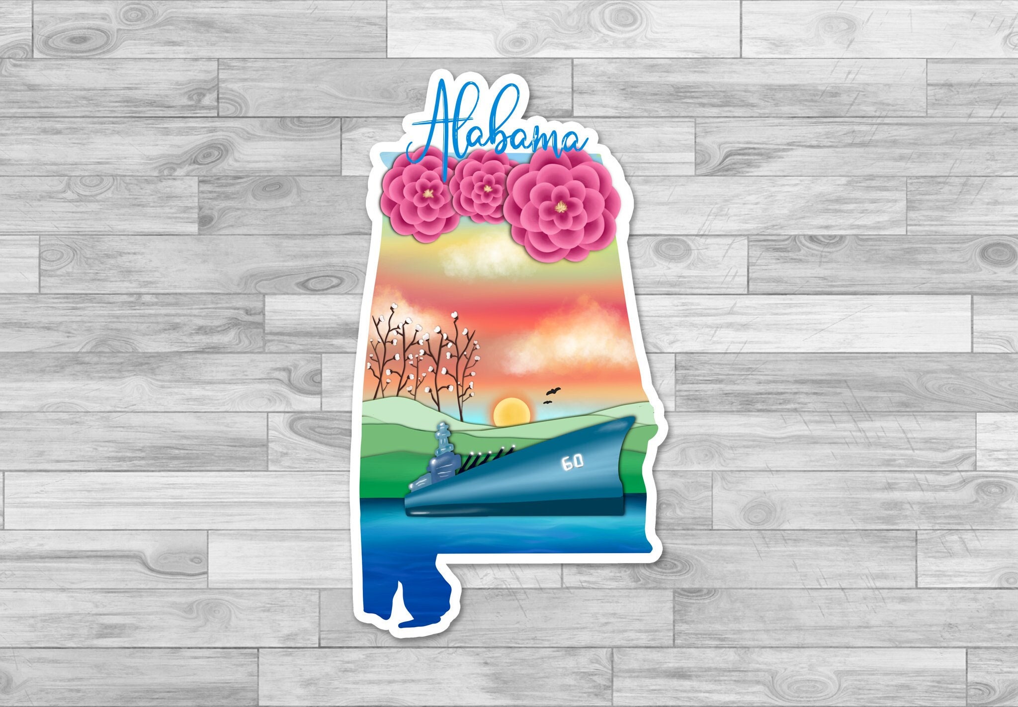 State Sticker Designs Alabama State Sticker, Hand Drawn Design, Uss Ship, Flowers, Matte ...