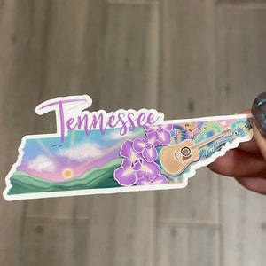 Tennessee state sticker, hand drawn design, mountains guitar, Matte laminated, water/UV resistant, one sticker