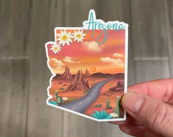 Arizona state sticker, hand drawn design, mountains cactus, Matte laminated, water/UV resistant, one sticker