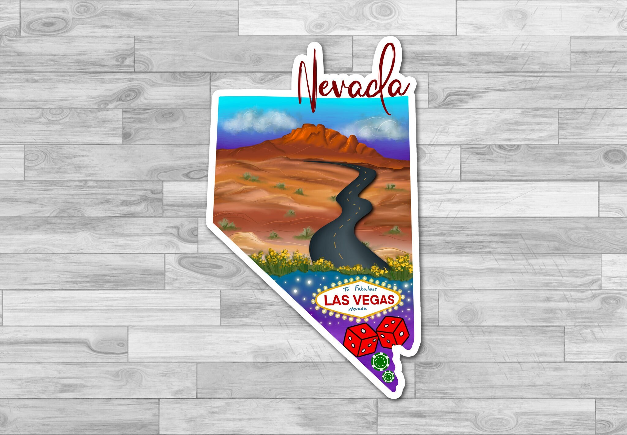 Nevada State Sticker, Hand Drawn Design, Desert Las Vegas Dice, Matte ...