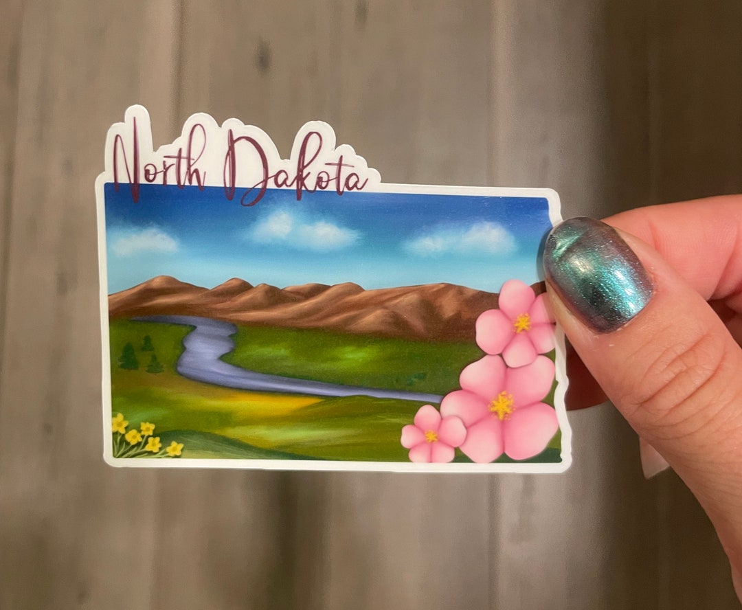 North Dakota Sticker, Hand Drawn Design, River Mountains, Matte ...