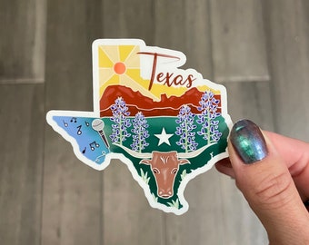 Texas state sticker, hand drawn design, mountains longhorn star, Matte laminated, water/UV resistant, one sticker