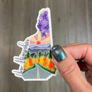 New Hampshire State sticker, beach flowers, hand drawn design, Matte laminated, water/UV resistant, one sticker