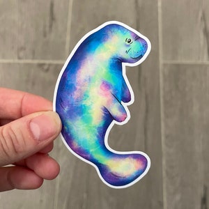 Colorful manatee rainbow sticker, laminated, water resistant, 3.5 inches tall, one sticker