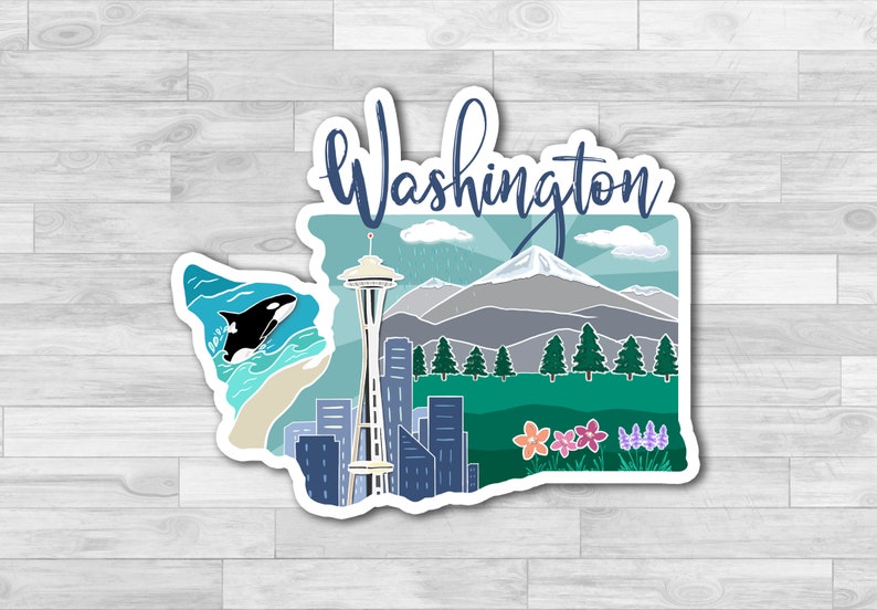 Washington State Sticker, Hand Drawn Design, Whale and Mountains, Matte ...