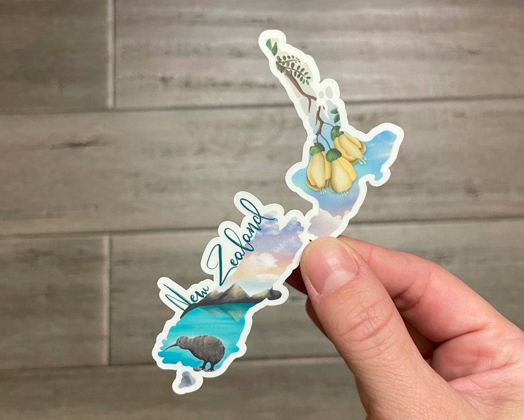 2 New Zealand Stickers, Hand Drawn Design, Mountains, Lake, Kiwi