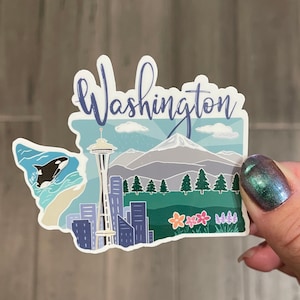 Washington state sticker, hand drawn design, whale and mountains, Matte laminated, water/UV resistant, one sticker