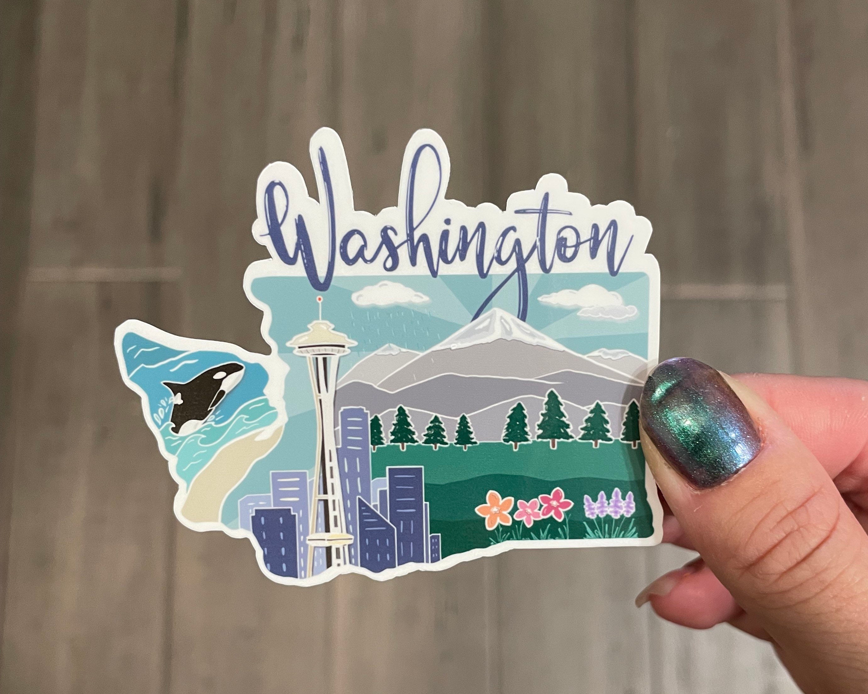 Washington State Sticker, Hand Drawn Design, Whale and Mountains, Matte ...
