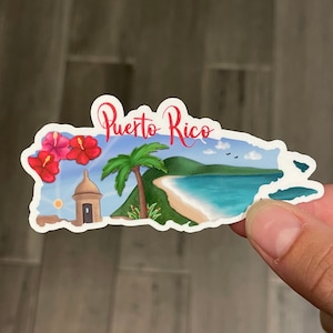 Puerto Rico sticker, hand drawn design, palm trees beach flowers, Matte laminated, water/UV resistant, one sticker