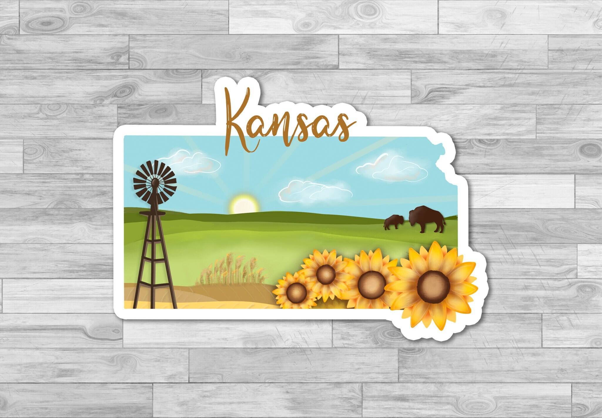 State Sticker Designs Kansas State Sticker, Hand Drawn Design, Wheat Sunflowers, Matte ...