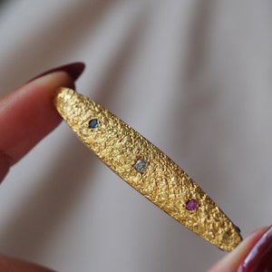 Estate vintage 14K gold textured bar pin with old cut Diamond, Sapphire & Ruby