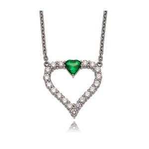 Estate 18KT White Gold Diamond-Set Open Heart Pendant with a Heart Shaped Emerald