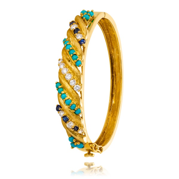 Estate 18KT Yellow Gold Alternating Sapphire, Turquoise and Diamond Dome Bangle Bracelet