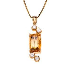 Estate 18K Yellow Gold Pendant with a Rectangular Shaped Golden Tourmaline and Large Diamonds with 18K Box Link Chain