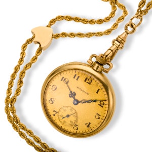 Estate AMERICAN WALTHAM 14K Yellow Gold Antique  Open-Faced Pocket Watch with Gold Filled Chain.