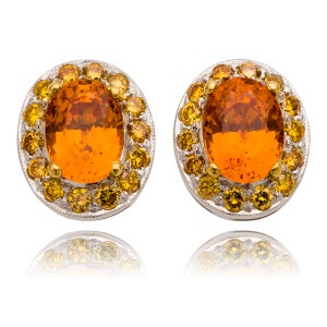 Estate 14K White and Yellow Gold Spessartite Garnet and Diamond Stud Earrings