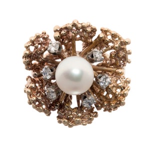 Estate 10KT Yellow and White Gold Floral Design Cultured Pearl and Diamond Ring with Stippled Texture