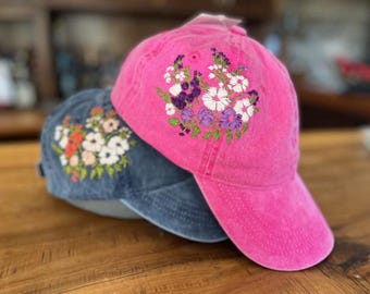 Gorra de béisbol con flores bordadas a mano, gorra vintage para mujer, gorra de béisbol con estilo boho, regalo para ella