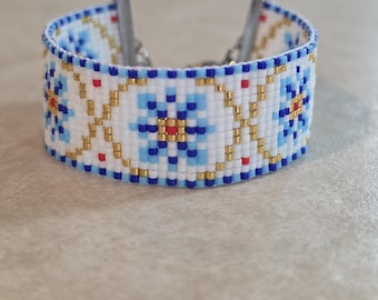 Woven Miyuki Seed Bead Loom Bracelet, woven seed bead bracelet, light blue, white, gold, red, cobalt